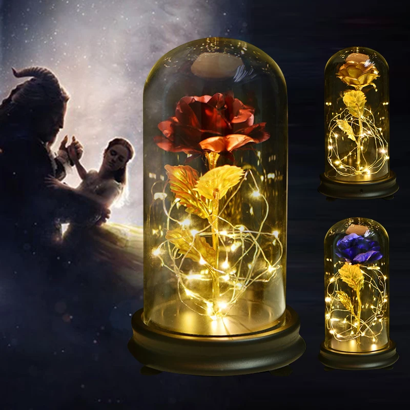 

Beauty and The Beast Gold Foil Galaxy Rose Flower LED Light Artificial Flowers In Glass Dome Mother Day Valentine Gift for Girls