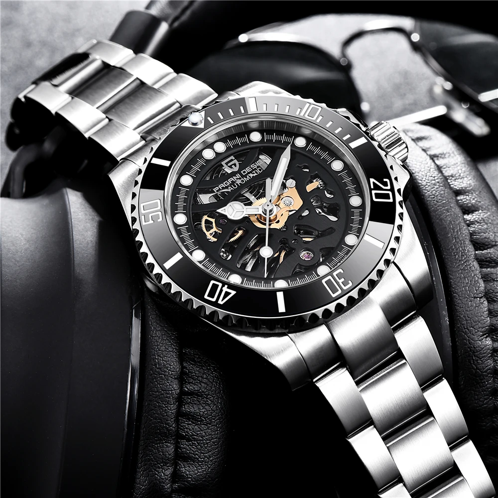 パガーニデザインブランド男性ビジネス高級腕時計メンズ自動機械式時計防水ステンレス鋼ファッションメンズ腕時計 Leather Bag