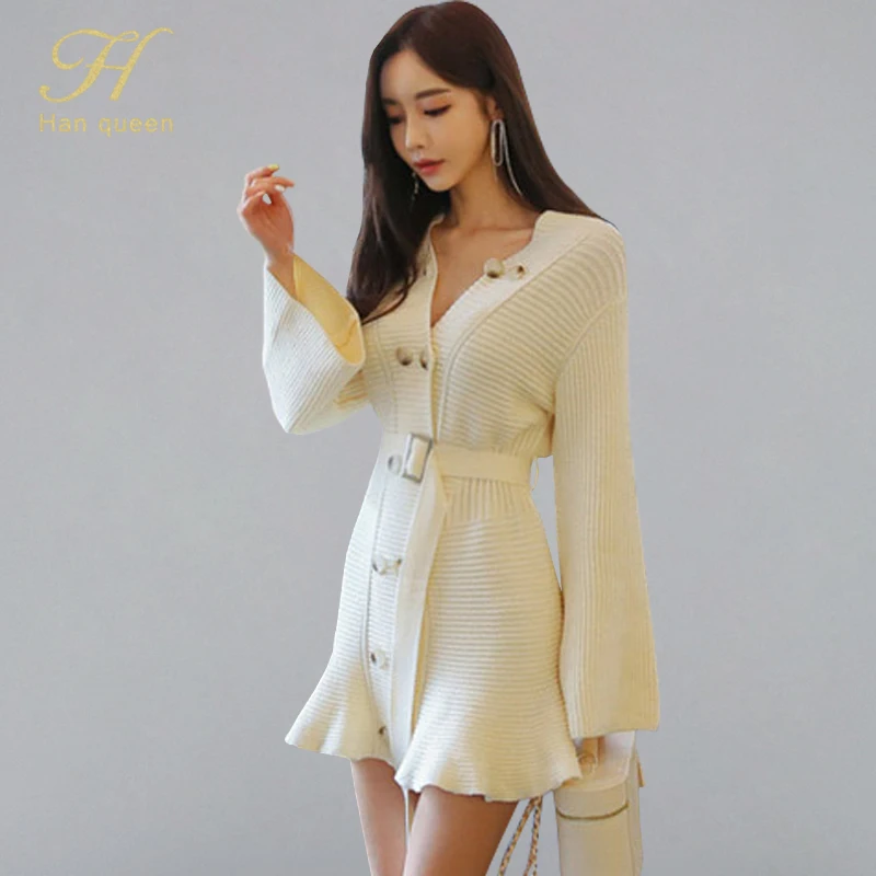 Beige H Han queen элегантные двубортные Расклешенные платья для женщин зимние OL корейский стиль ремень свитер платье сексуальное v-образным вырезом джемпер Vestidos - Цвет: Beige