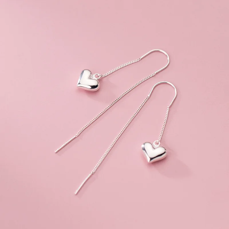 

Real 925 Sterling Silver Cute Love Heart Long Drop Earrings Simple Pull Through Threader Earrings for Women