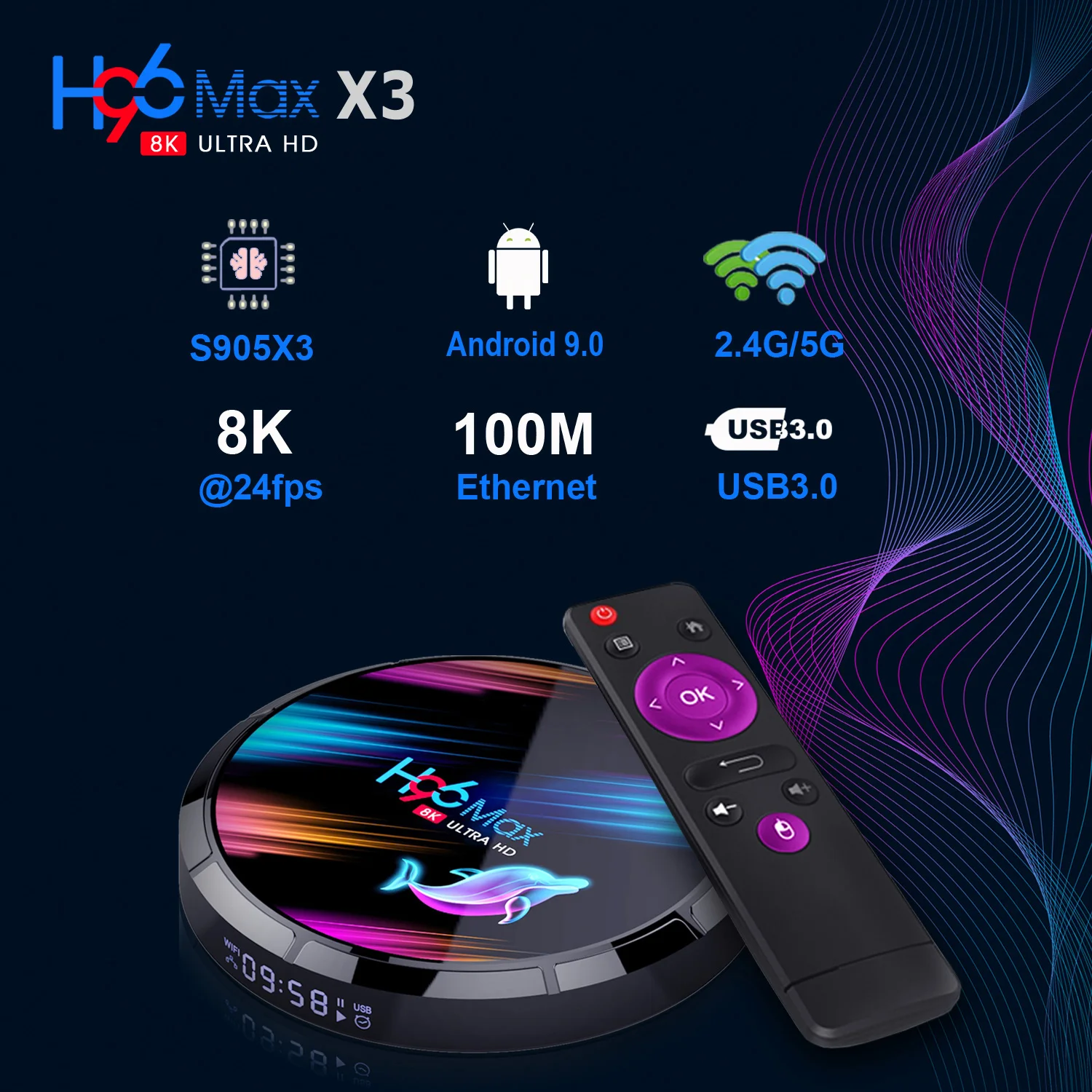 

ТВ-приставка H96 Max X3, Android 2,4, S905X3 Cortex-A55, четырехъядерный, 64 бит, 4 Гб, G и 5G, Wi-Fi, H.265 VP9, декодирование Miracast, HD медиаплеер