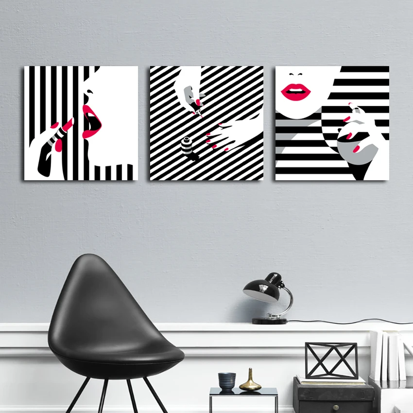 Скандинавский Картина на холсте современная девушка черно белая полоска помада