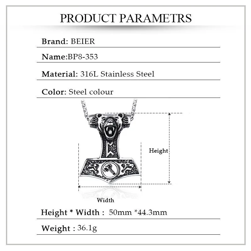Мужской амулет с принтом медведя Beier кулон из нержавеющей стали в скандинавском