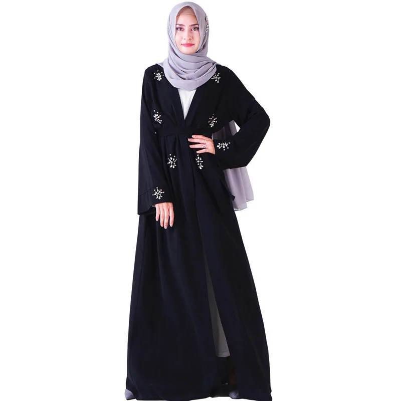 

New Arab Turkish Kaftan Kimono Robe Hand-sewn Rhinestone Loose Fashion Ramadan Prayer Clothes Muslim Islamic Cardigan Jacket