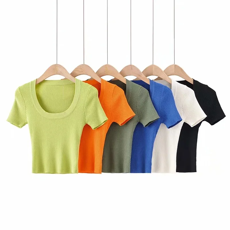 Женская футболка с U-образным вырезом повседневный базовый трикотажный кроп-топ