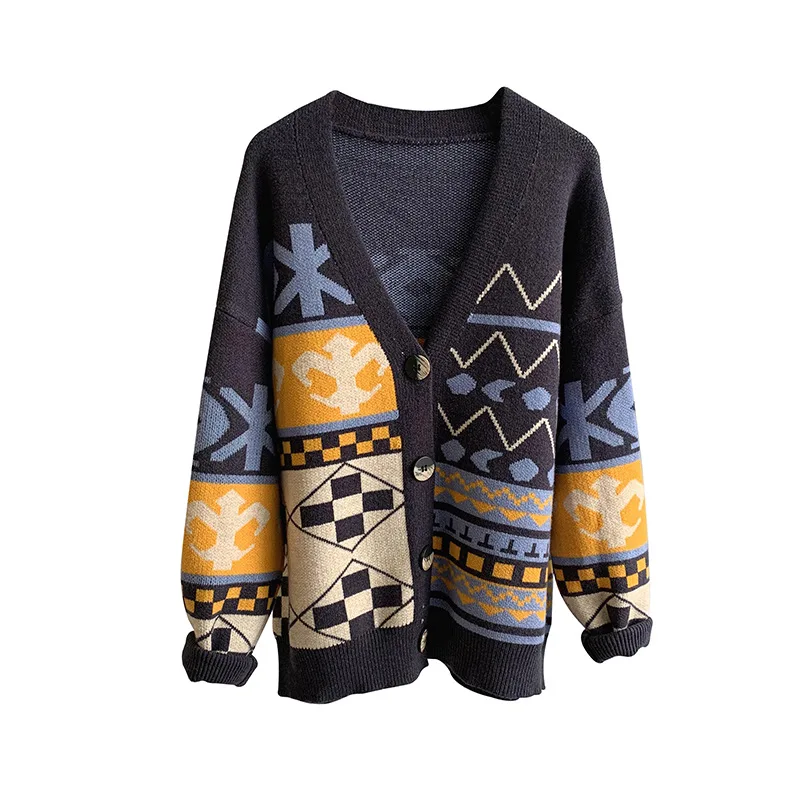 

2021 Autumn Winter Loose Knitwear Sweater Women's Cardigan Vintage Print V Collar Long Sleeve