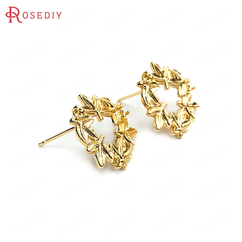 (C454) 6 шт. 17x17 мм 24K золото цвет латунь листья дерева круглые гвоздики серьги