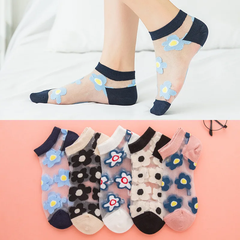 

5 Pairs of 5 Colors Card Silk Flower Korean Women's Glass Silk Short Socks Crystal Invisible Spring and Summer New Shallow Mouth