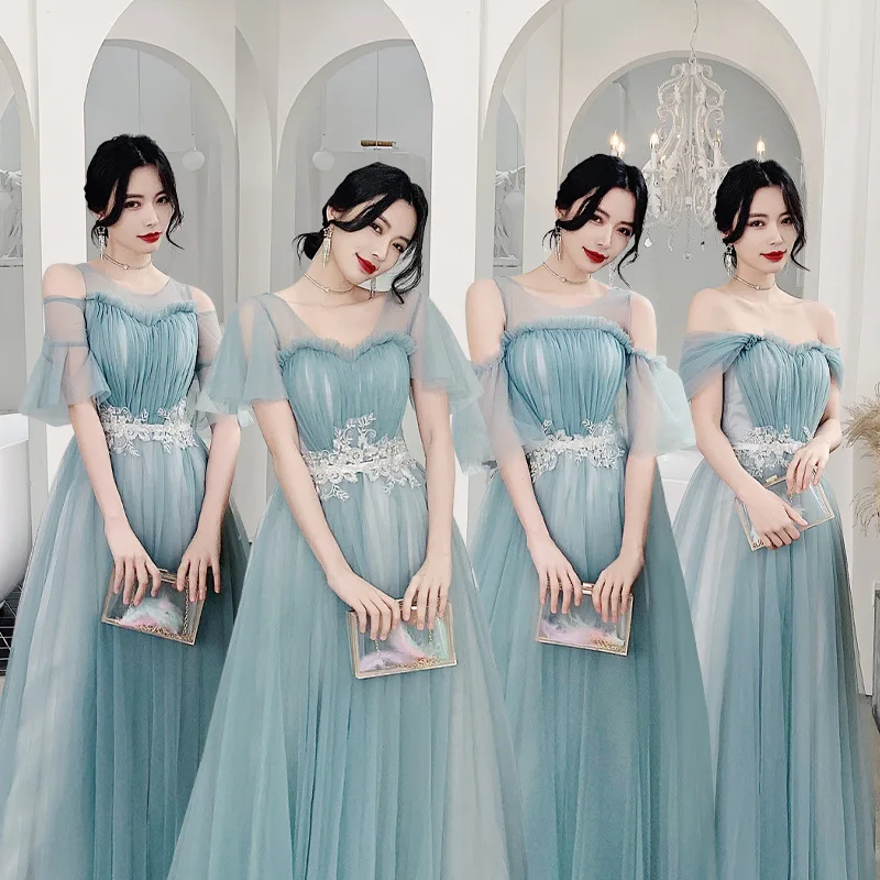 

Women Elegant Night Party Dresses Sheer Mesh Lace Summer New A-Line Ankle-Length Chiffon Blue Vestido Festa Maxi Christmas Dress