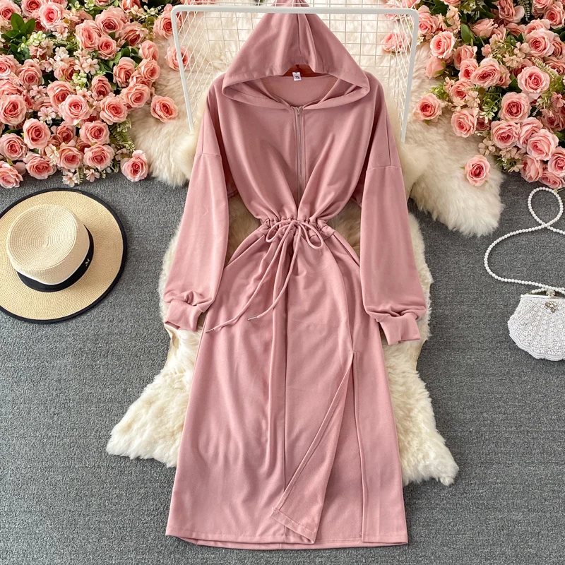 

Новинка осеннее платье знаменитости с разрезом модное платье с капюшоном в западном стиле эксклюзивное Спортивное платье для отдыха