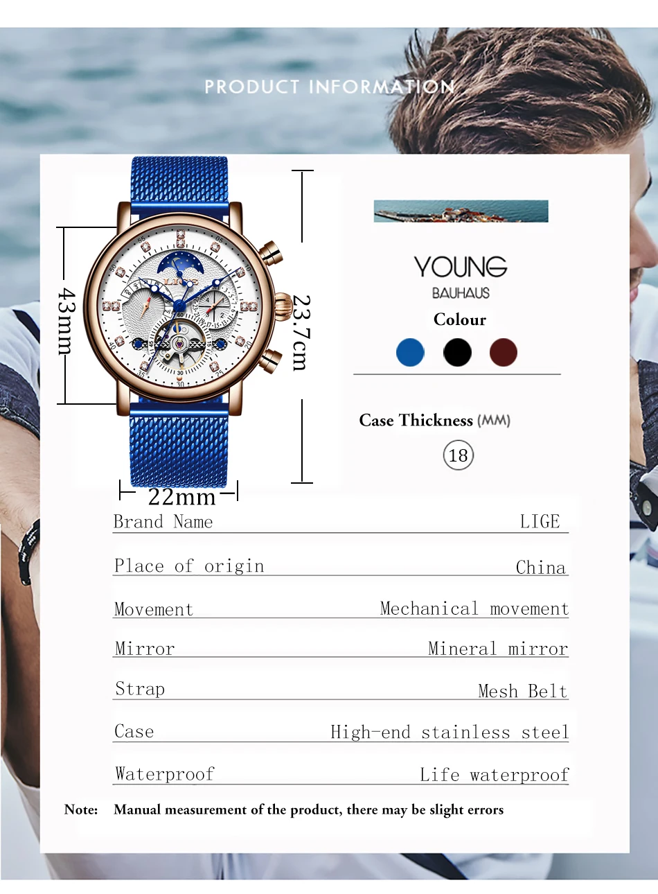 LIGE, подарок, мужские часы, брендовые, Роскошные, модные, Tourbillon, автоматические механические часы, мужские часы из нержавеющей стали, Relogio Masculino