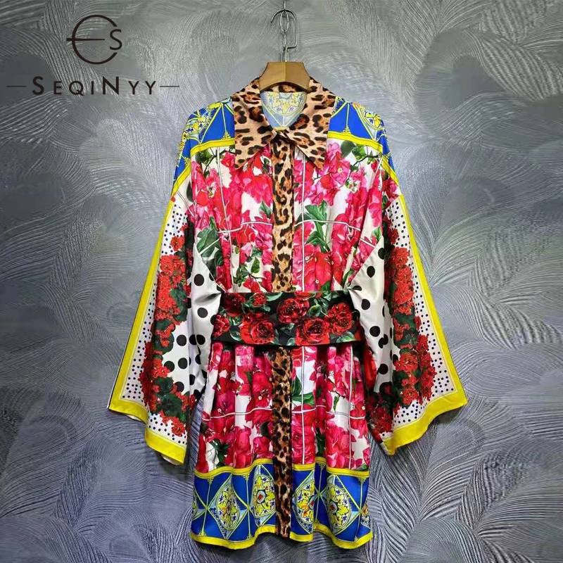

SEQINYY Sicily Shirt Dress Vintage Red Flower Print Leopard High Quality Summer Spring New Fashion Design Women Runway Bead Belt