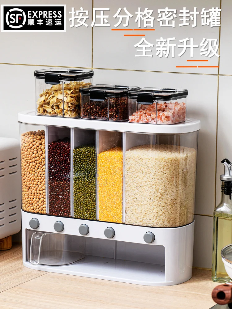 

Cereals Storage Box Beans Grain Sealed Storage Tank Compartment Kitchen Household Classification Rice Bucket Grain Wall Hanging