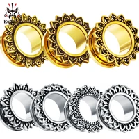 kubooz latest design stainless steel gold flower pattern ear plugs tunnels body jewelry piercing gauges expanders for women men
