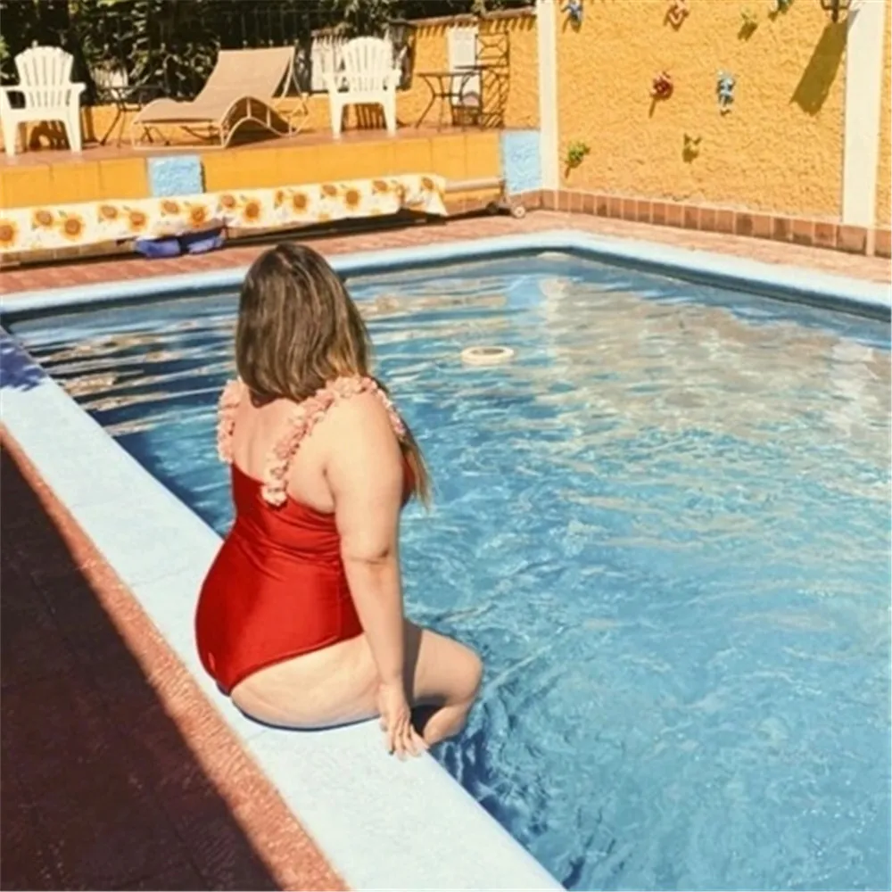 

Hand Stitched Petals Bikini High Waist Bikini Swimsuit Swimwear Swimming Beach Solid RED Bikini Set