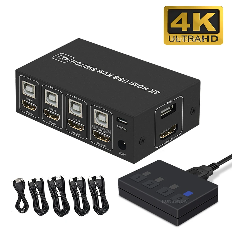 

KVM-переключатель 2323 LSM 4K HDMI-совместимый с 4-портами USB HDMI-совместимый KVM-переключатель 4X1 4kX 2K/60HZ HDCP 2,2 для ПК и ноутбука