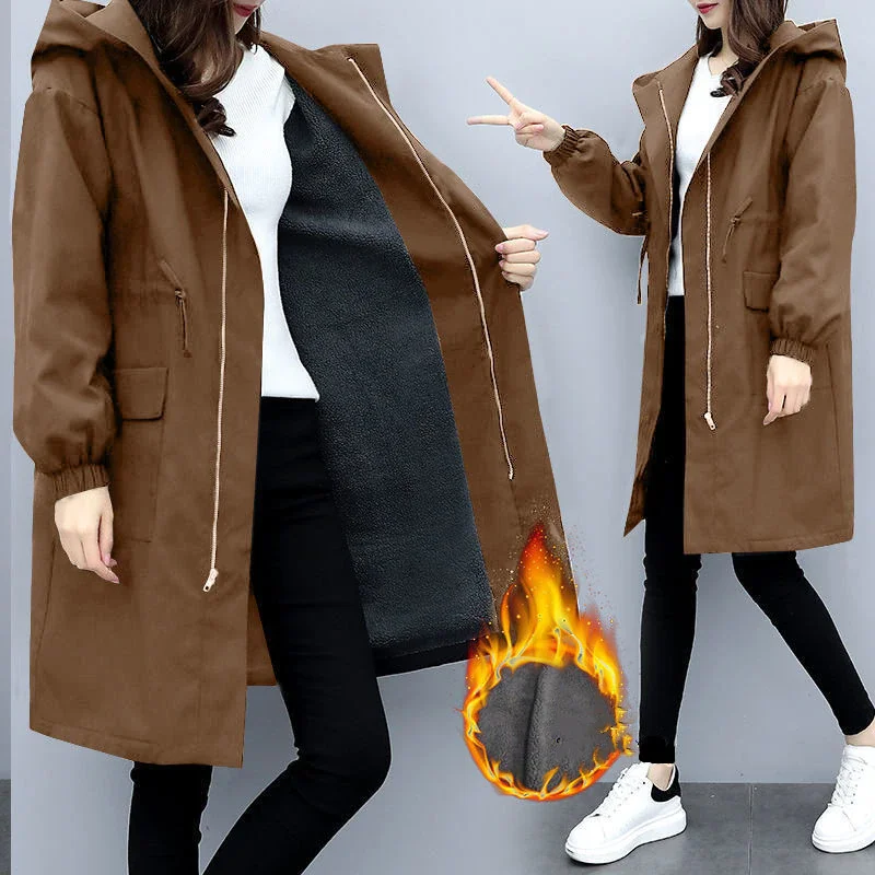 

Trench Coats Women Autumn Winter Hooded Drawstring Pocket Zipper Long Outwear Plus Size Elegant Ladies Thicken Windbreaker Coats
