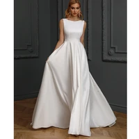 pure white satin a line wedding dresses backless boho v neck bridal gown sleeveless robe de mari%c3%a9e vestidos elegantes para mujer