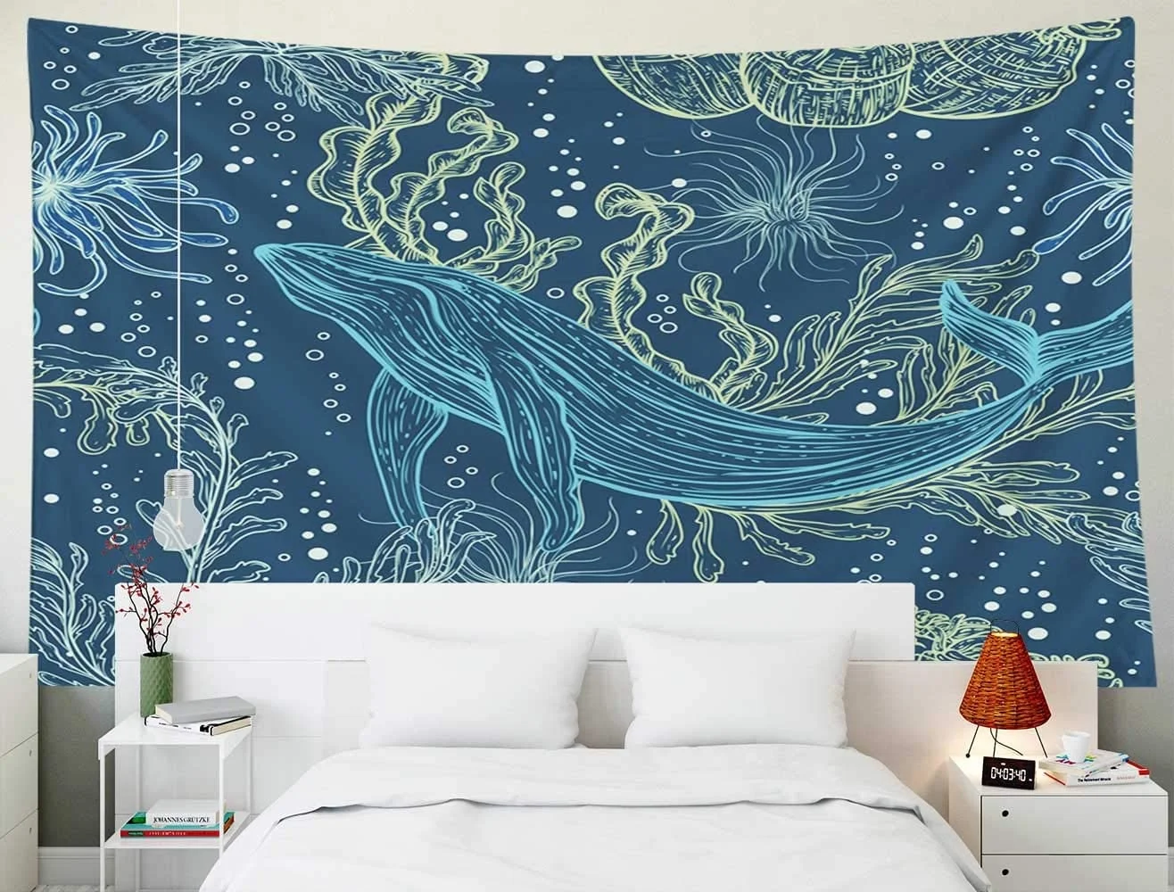 

Home Decor Tapestry for Pattern Whale Marine Plants Seaweeds Psychedelic Wall Tapestry for Dorm Room Bedroom Living Room 95x73cm