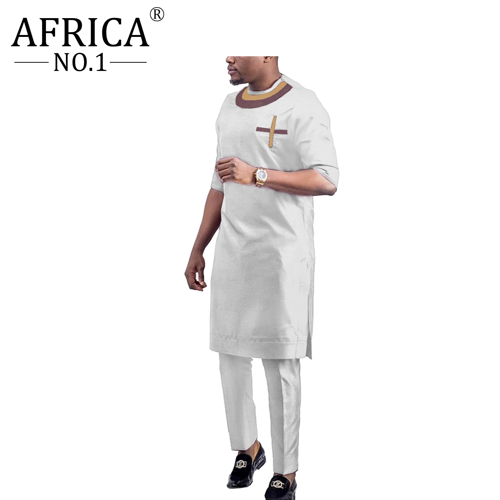 African Clothes For Men Rich Bazin Long Sleeve Dashiki Solid Color Crew Neck Robe Traditional Contracted Design Shirts and Pants
