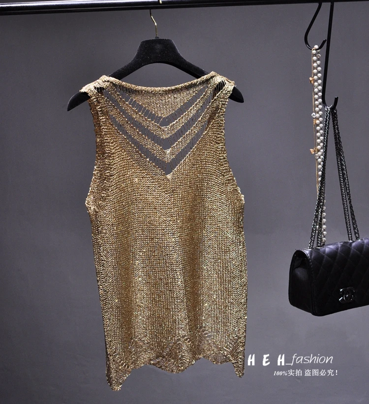 Пикантная ажурная кофта с блестками Женская Золотая рубашка без рукавов вязаный