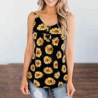 women floral print button o neck sleeveless folds vest t shirt casual loose streetwear beach holiday daily home wear tops