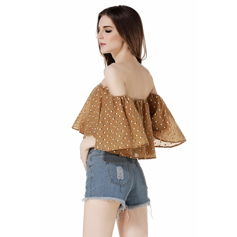 

New Arrival sexy short Ruffle Midriff-baring women sun tops Summer Women's Shirts Casual Loose dot