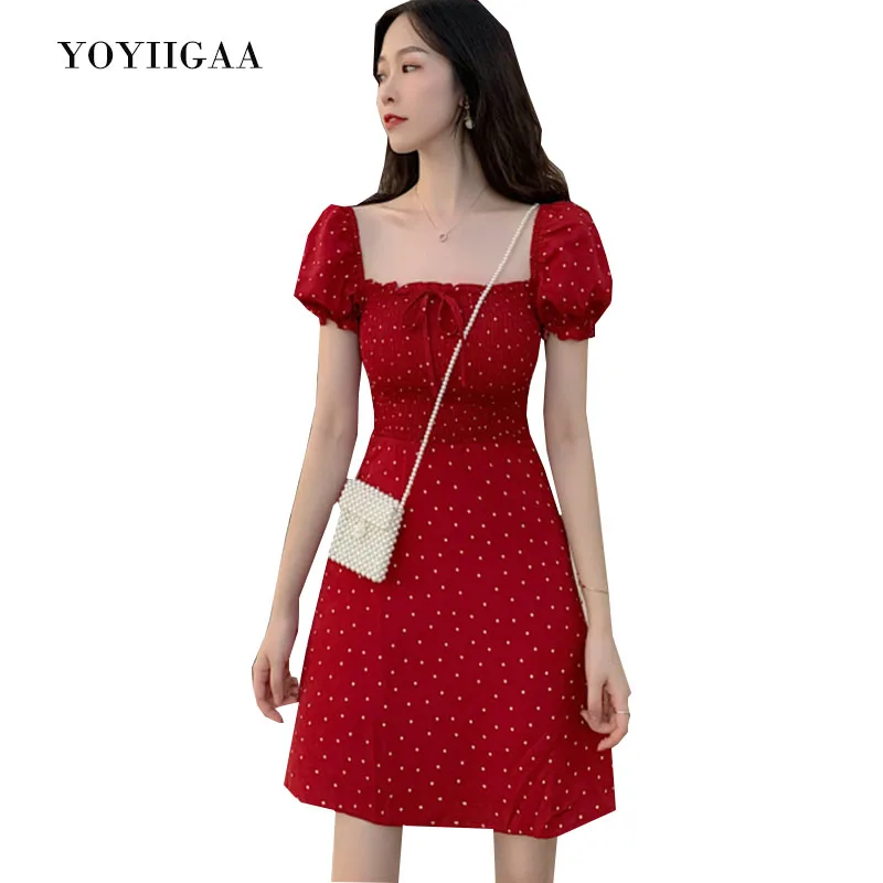 

Dot Dress Square Collar Women Dress High Waist Dresses Summer Beach Sundress Casual Short Sleeve Women's Dresses Woman Clothes