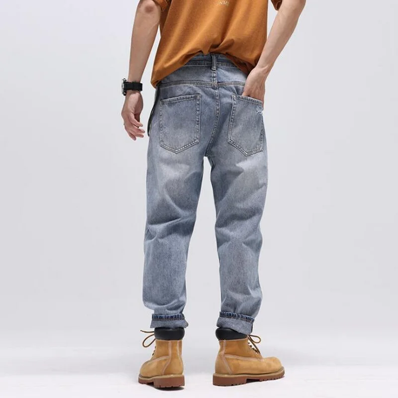 Jeans Men's Loose Straight Light-Colored Wide-Legged Ankle-Length Denim Pants Men's Street Fashion Brand Retro Ripped Jeans