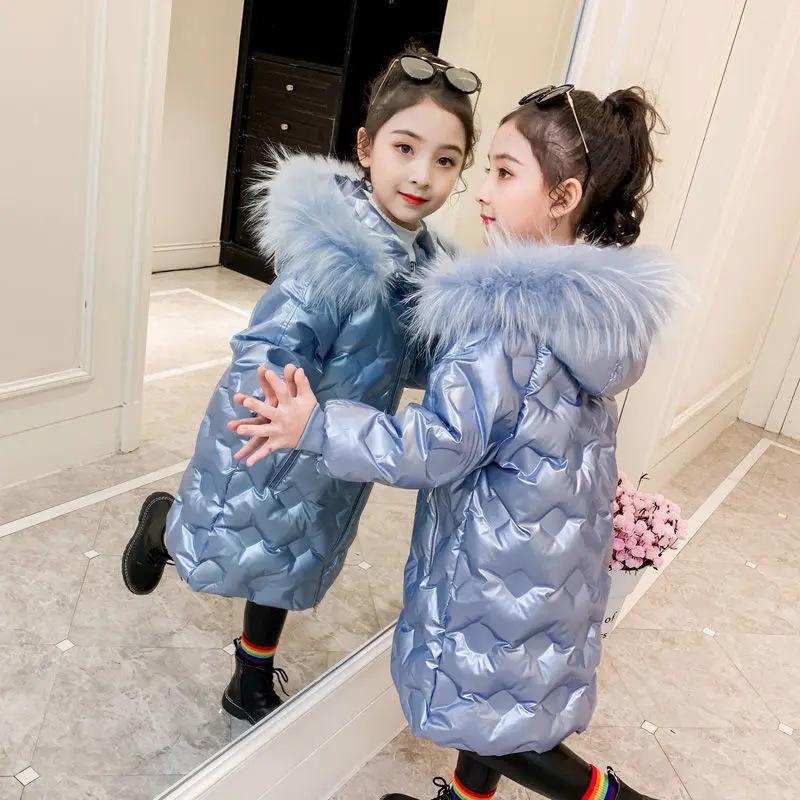 

Winter Jacket For Girls Casual Children's Outerwear Hooded Warm Coat Solid Big Fur Collar Long Padded Cotton Parkas 2021 New