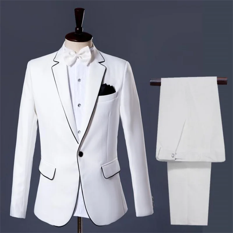 White blazer men groom suit set with pants mens wedding suits costume singer star style dance stage clothing formal dress