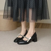 band pearl mary jane shoes women thick high heels talons hauts bow knot beads lolita shoes square toe shallow woman pumps hot