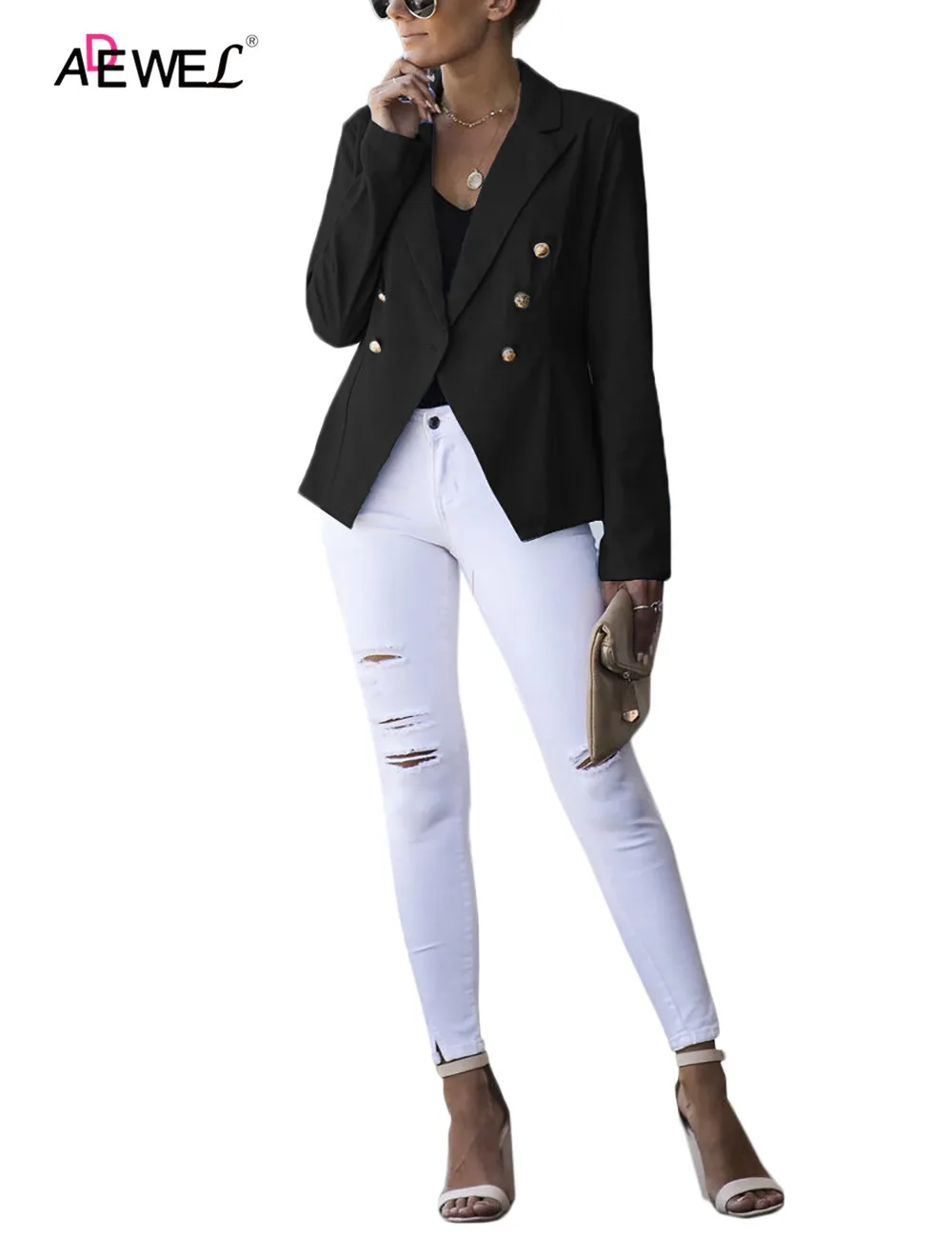 ADEWEL синий Для женщин офисные пальто открытой передней короткий кардиган с