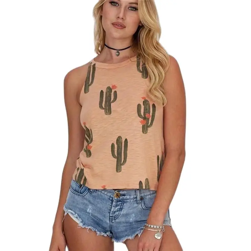 Летняя женская футболка с принтом кактуса повседневная Харадзюку С Лямкой на шее