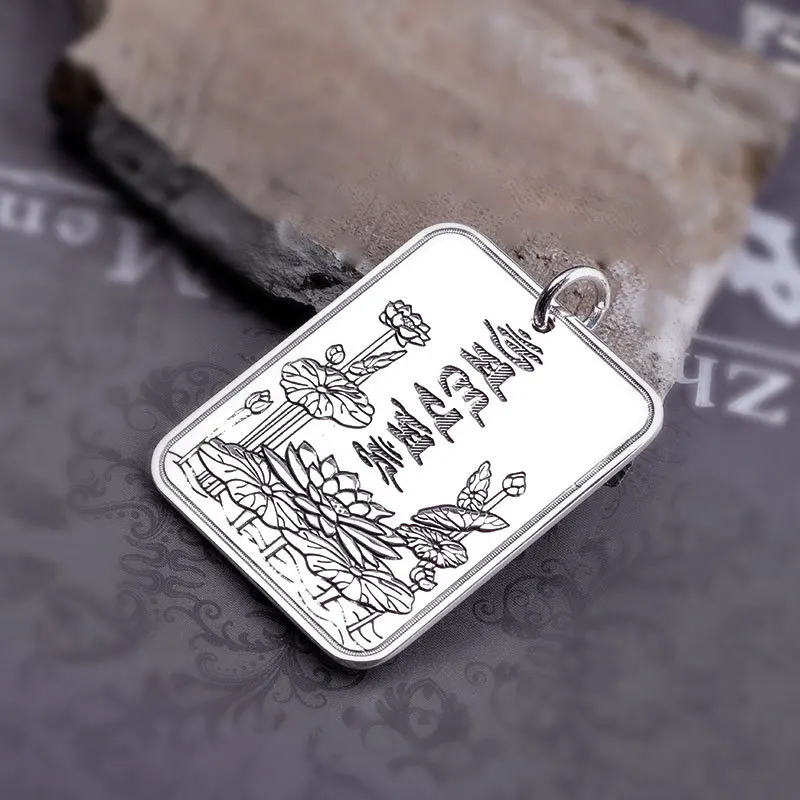 Uglyless Real 999 Full Silver Square Pendants for Women Lotus Pond Heart Sutra Necklaces NO Chains Buddhistic Gifts Mantra P892 | Украшения