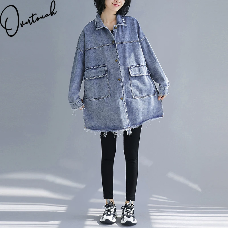 

Overtouch Autumn Winter Jacket Tassel Coat Women Oversize Korea Denim Style Blue Vintage Lady Loose 2021 Outerwear Fashion Coat