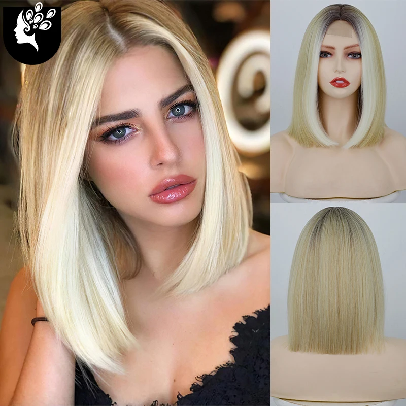 

Synthetic Straight Bob Lace Wigs for Women Ombre Blonde Hair Wig Middle Part High Temperature Fiber Cosplay Wig YOURBEAUTI