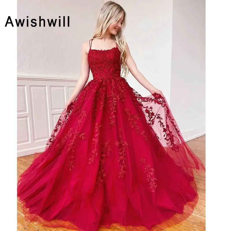 

Fashion Long Evening Dresses 2020 Formal Gown A-Line Lace Appliues Tulle Prom Gowns Sexy Spaghetti Strap Backless Party Gown