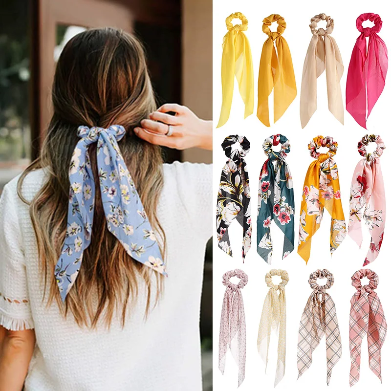 

Ponytail Scarf Sweet Elastic Hair Band Fashion Floral Print Scrunchies Solid Long Hair Ribbon for Women Hair Accessories