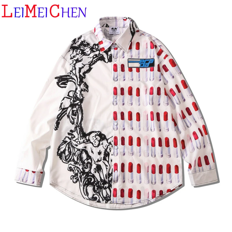 

Рубашка LEIMEICHEN с принтом помады, мужские осенние Рубашки с длинным рукавом и отложным воротником, мужские рубашки, гавайская пляжная Повседн...