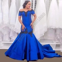 classic royal blue evening dresses short sleeve mermaid vestido gown black appliques satin vintage formal robe de soiree