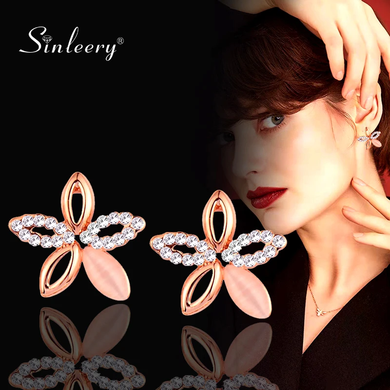 

SINLEERY Opal Flower Stud Earrings Fashion Jewelry For Women Girls Rose Gold Color Romantic Wedding Earrings ZD1 SSH