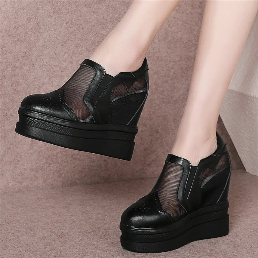 Туфли лодочки женские из натуральной кожи дышащие на танкетке высокий каблук