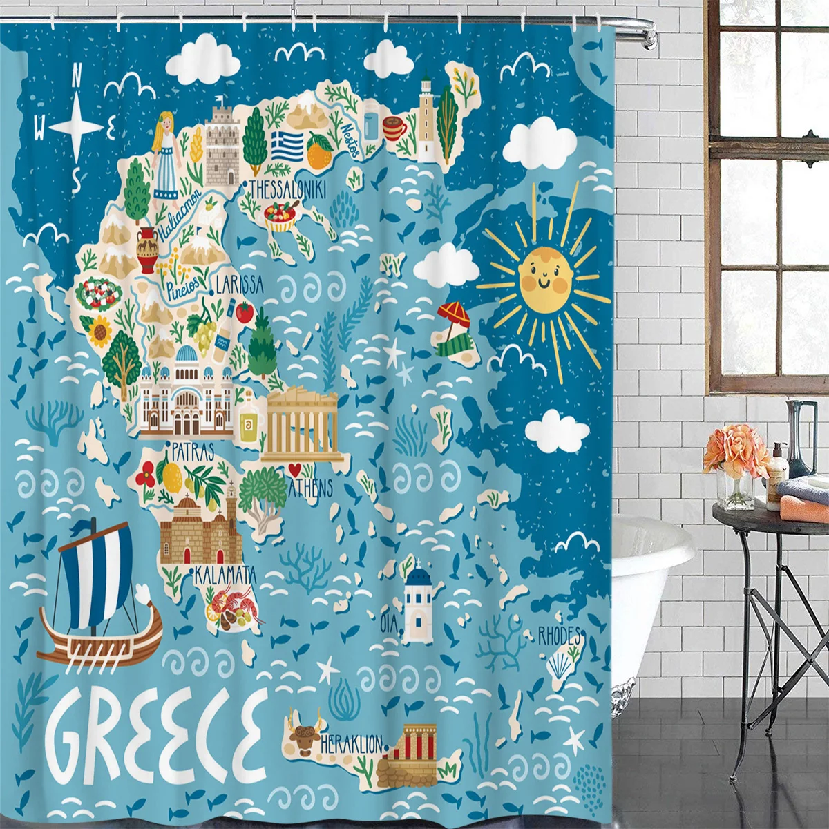 Greece Island Map Cartoon Shower Curtain Waterproof Bathroom Curtains Polyester Fabric Hooks for Decor | Дом и сад
