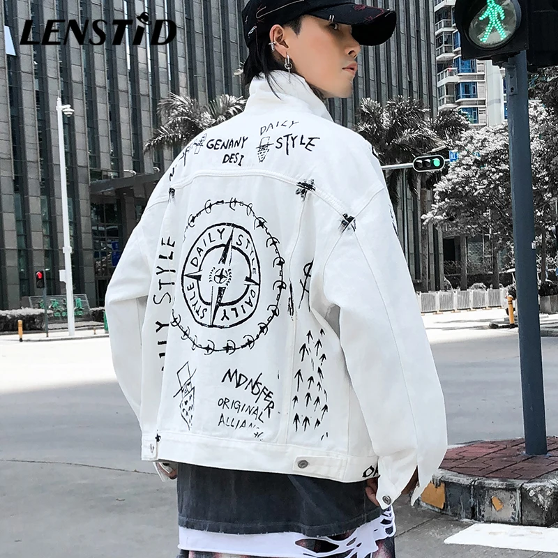 LENSTID Осень Harajuku Хип Хоп масляная краска Граффити Печатный джинсовый бомбер