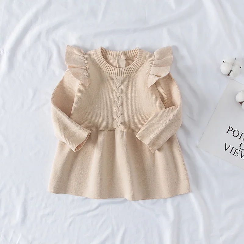 

2021 Kids Baby Girls Tops Sweater Dress Ruffles Long Sleeve Solid Knit Warm Dress A-Line Dress Outfit Autumn Winter 0-3Y