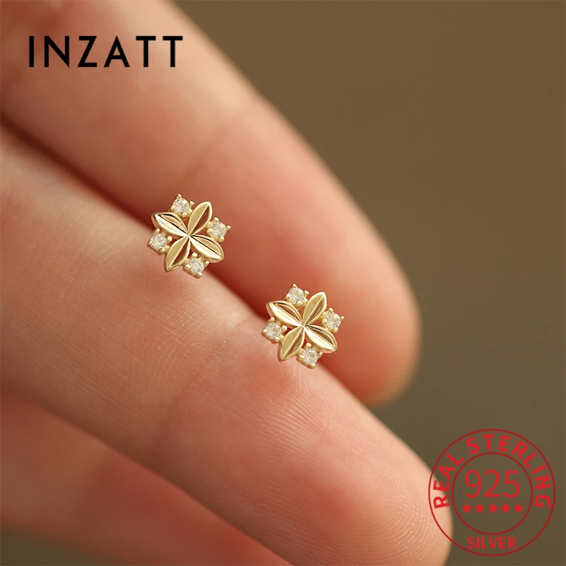 

INZATT Real 925 Sterling Silver Zircon Cross Flower 14K Stud Earrings For Charm Women Cute Fine Jewelry Minimalist Accessories