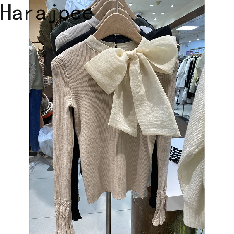 

Harajpee Women Knitted Pullover Bow Patchwork O-neck Long Sleeve Puff Sleeve Korean Ins All-match Slim Spring Autumn New Tops