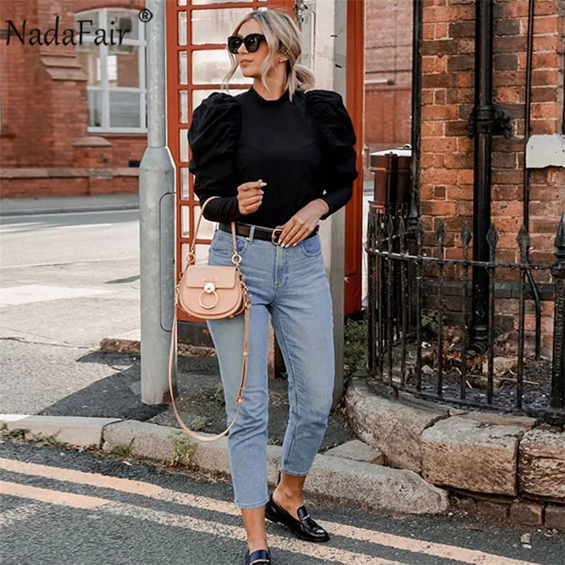 Nadafair/топы с пышными рукавами и круглым вырезом Повседневная трикотажная женская