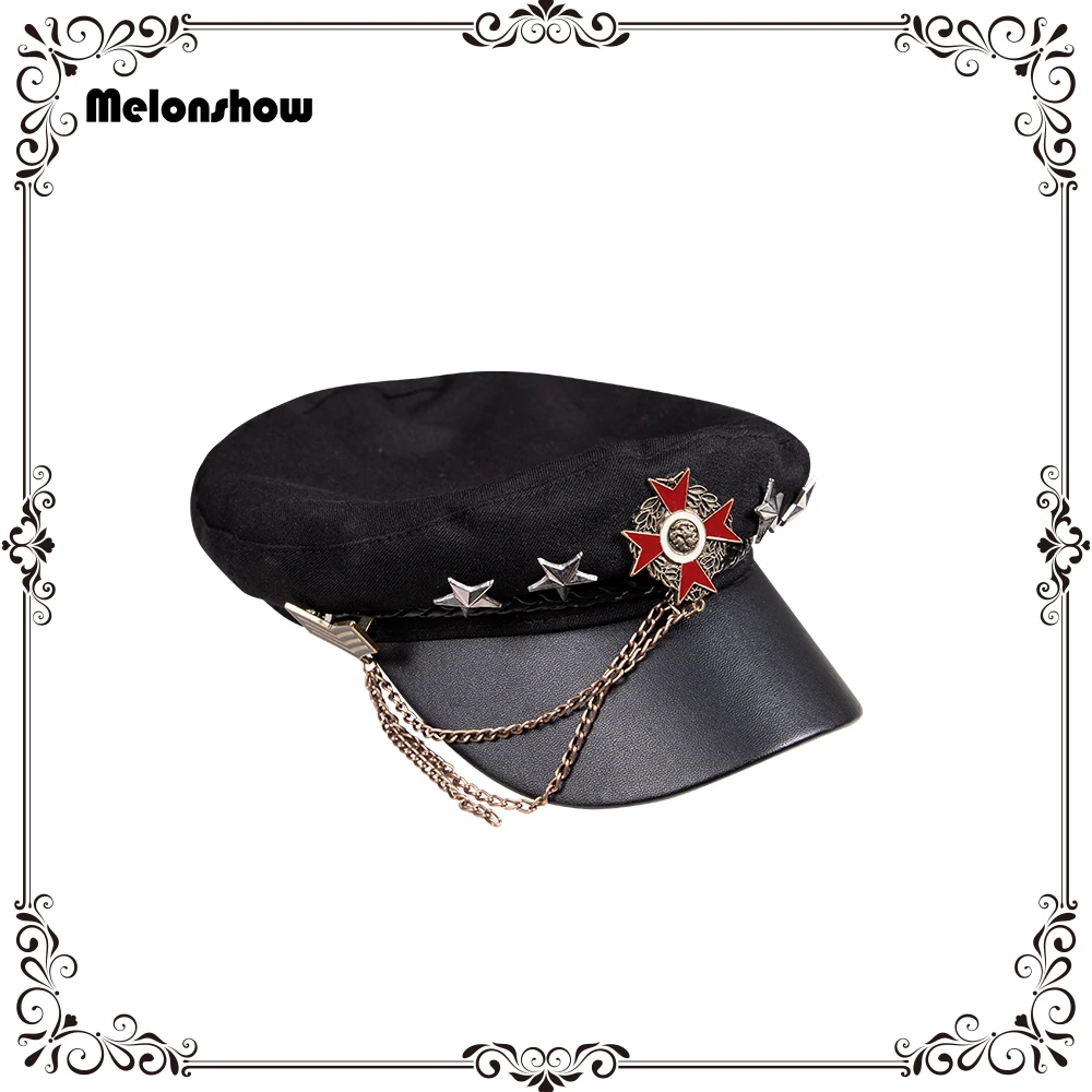 Melonshow Military Hat Woman Black Cotton Beret Flat Top Hats Female Headgear Girls Lolita Accessories Sun Casual Cap Star Badge